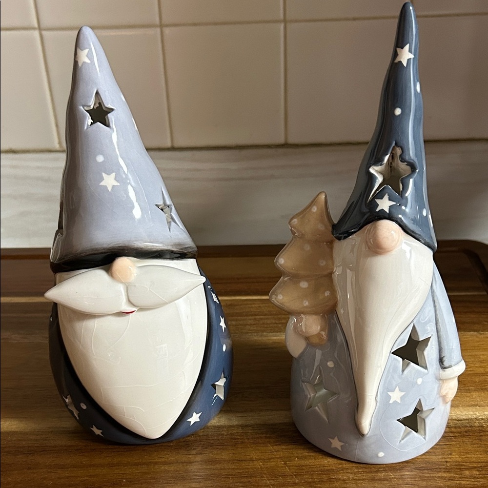 Christmas or Winter Ceramic light up Gnome Figurines with Star Cutouts